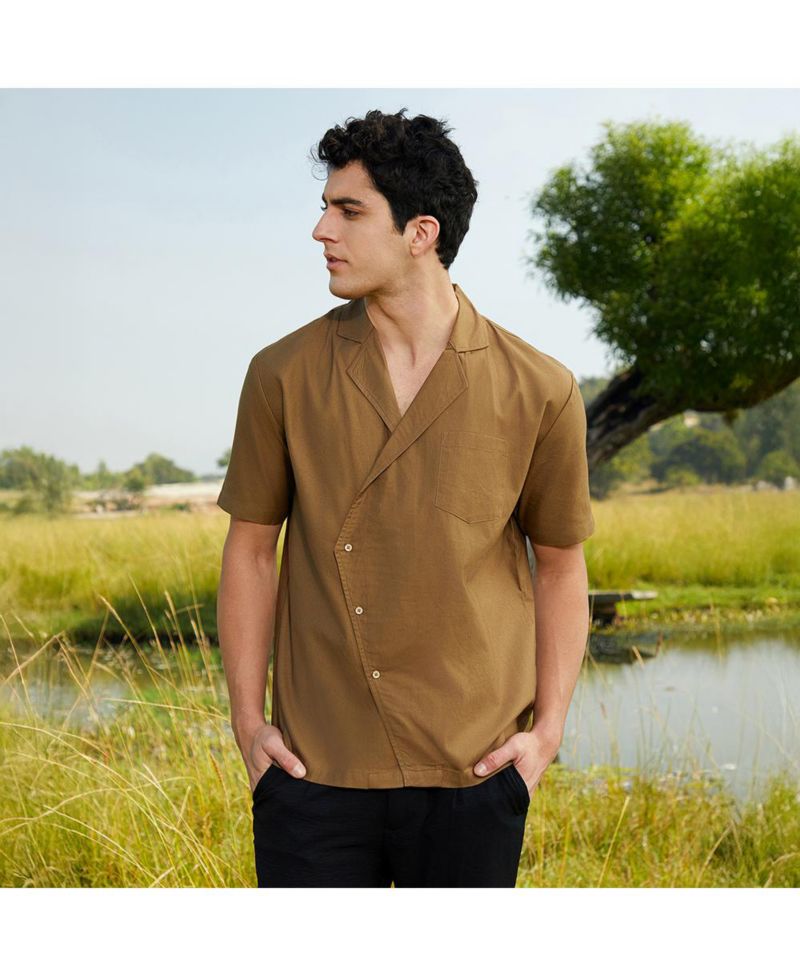 Men's Camel Brown Asymmetrical Cuban Shirt