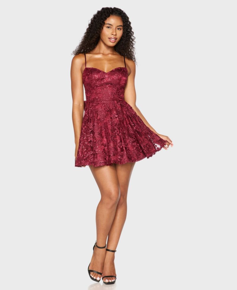 Juniors' Sweetheart Neckline Embroidered Lace Sequin Back Bow Dress