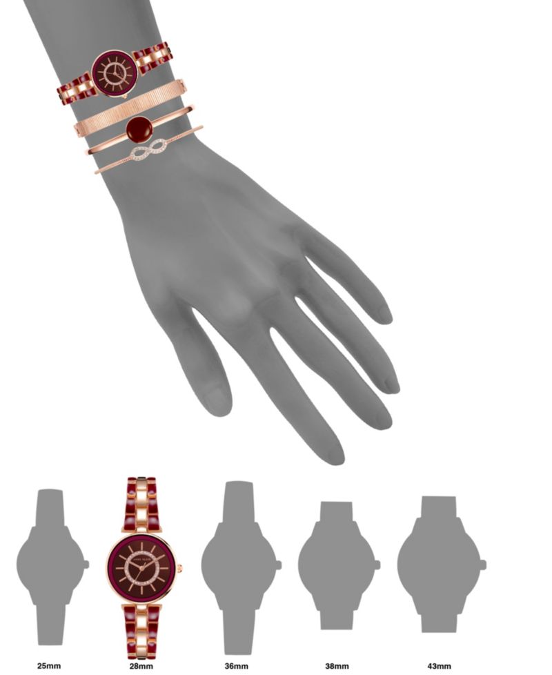 Women's Rose Gold-Tone Alloy Bracelet with Burgundy Enamel and Crystal Accents Fashion Watch 34mm Set 4 Pieces