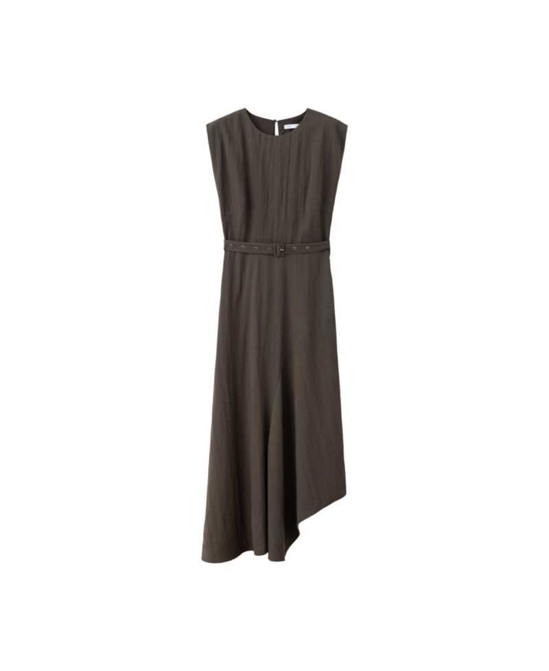 Women's Belted Asymmetric Crewneck Midi Dress