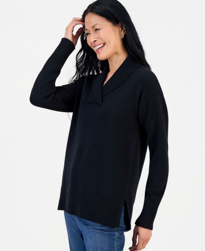 Petite Shawl Collar Cotton-Blend Sweater