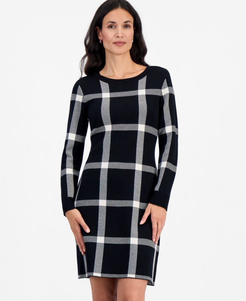 Petite Plaid Long-Sleeve Scoop Neck Sweater Dress