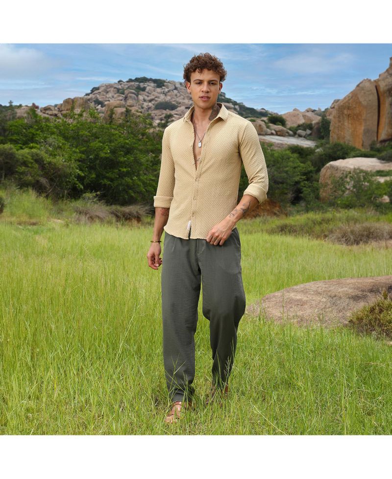 Men's Tan Brown Micro Cubic-Textured Shirt