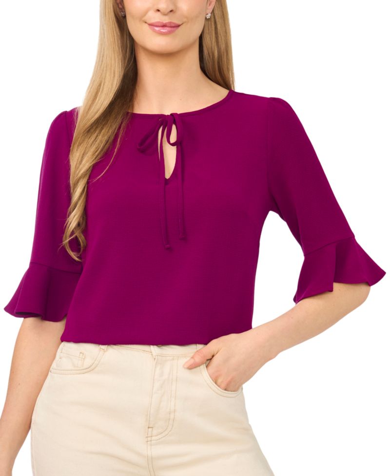 Women's Split Tie Neck Ruffle Cuff 3/4-Sleeve Top