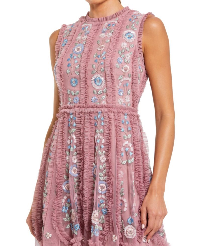 Women's Sleeveless High Neck Embroidered Mini Dress