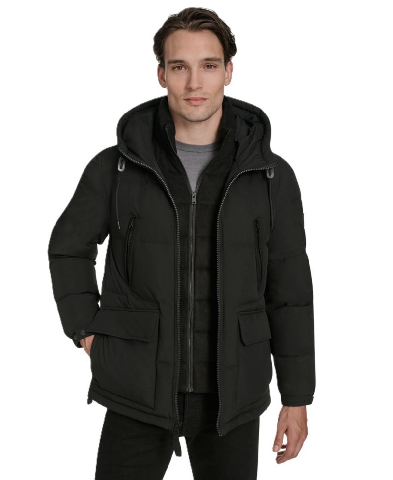 Men's Hooded Puffer Faux-Suede Bib Jacket