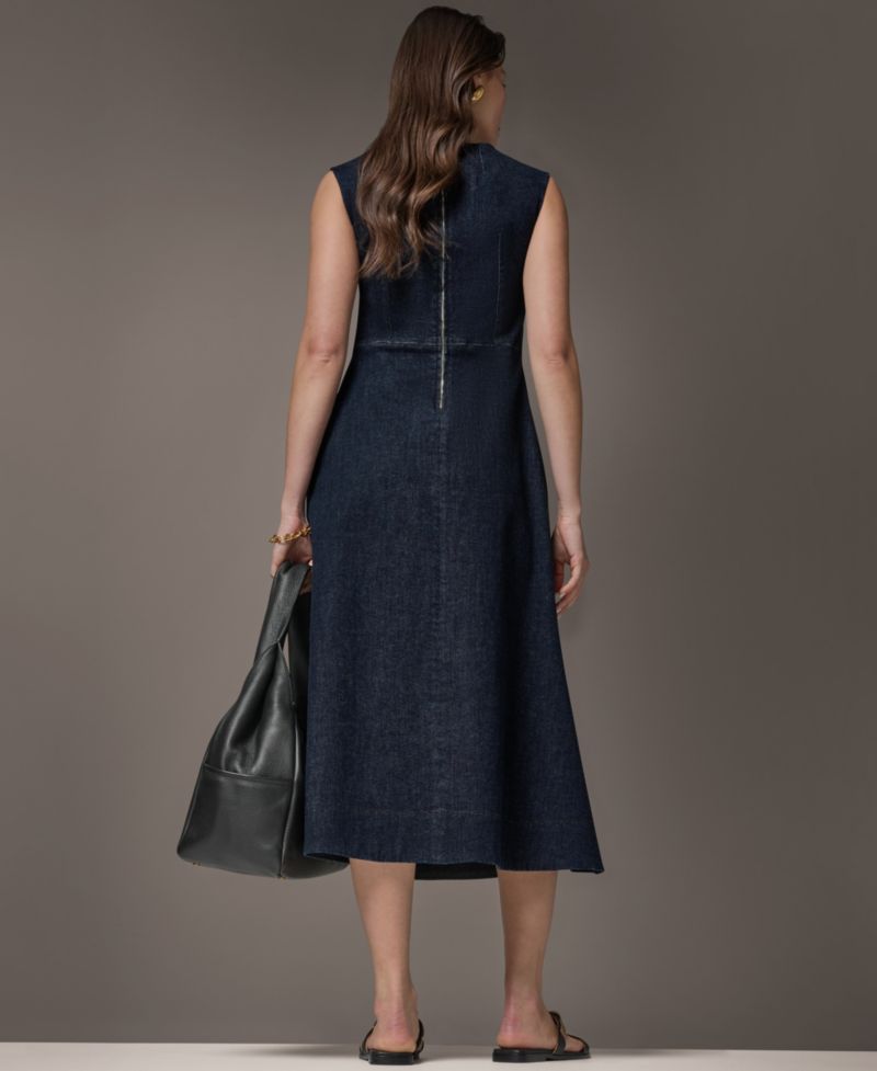 Women's Contrast Color Self-Belted V-Neck Midi Dress