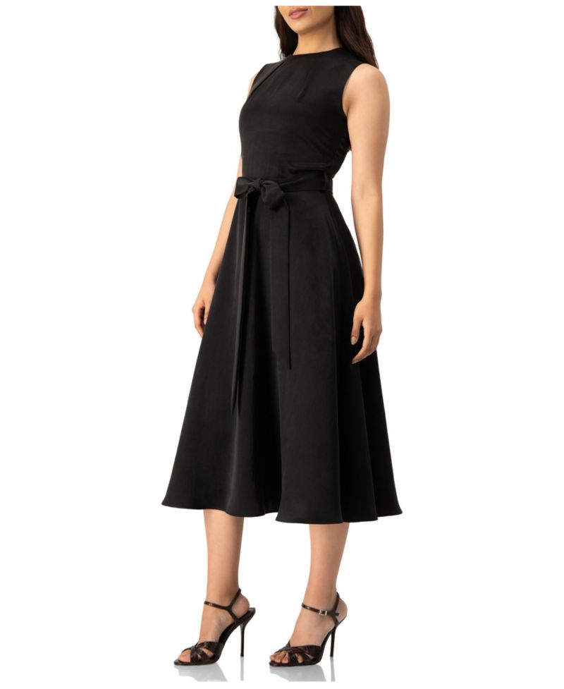 Women's Sleeveless Tie-Waist A-Line Midi Fit-and-Flare Dress with Sash Belt