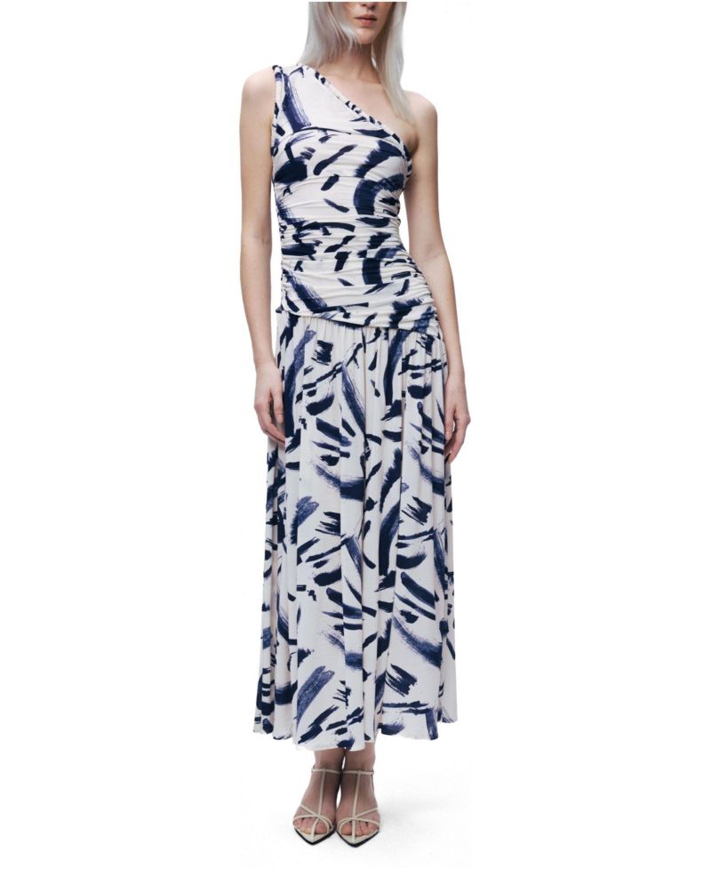Women's Printed One-Shoulder Draped Midi Dress