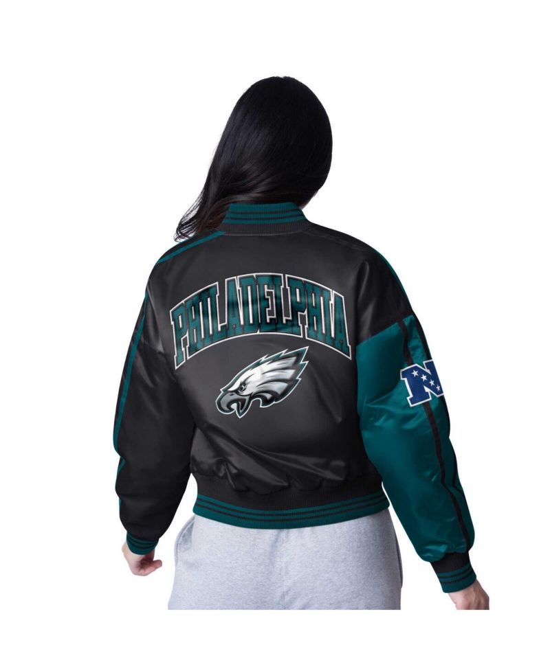 Women's Midnight Green/Black Philadelphia Eagles Zone Blitz Cropped Full-Snap Satin Jacket