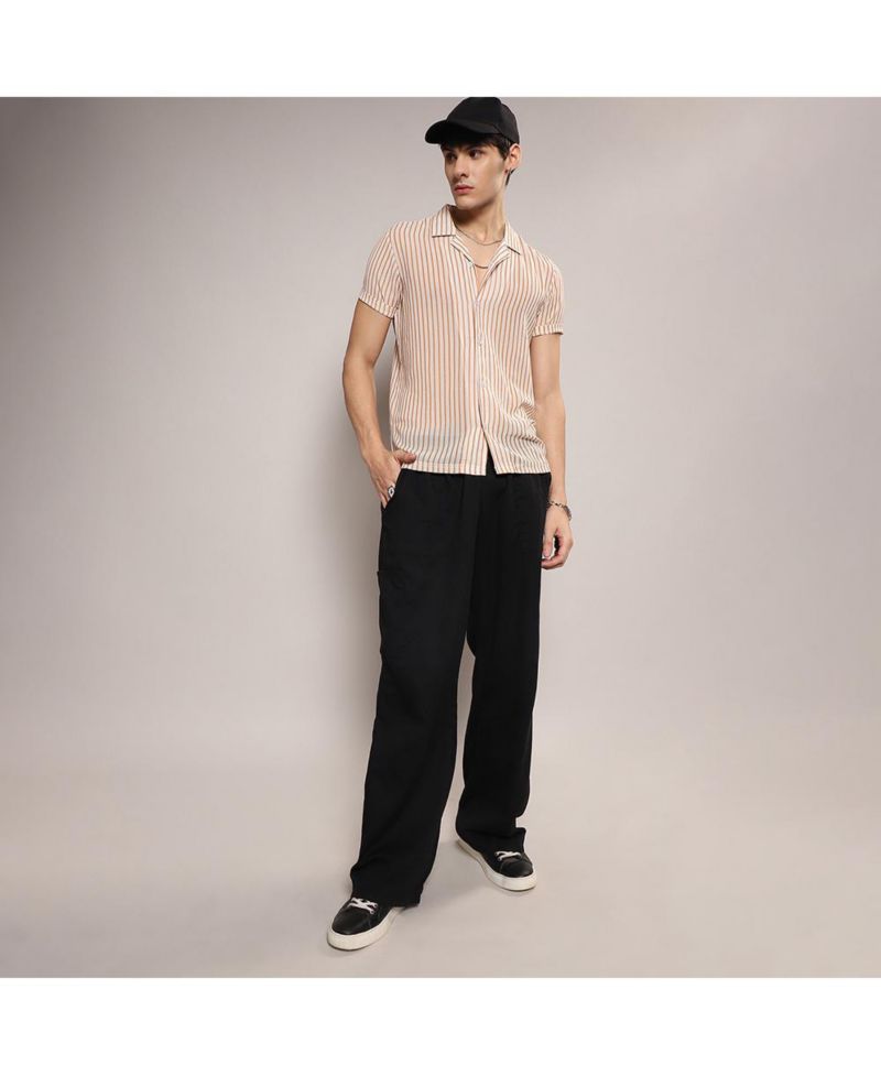 Men's White & Brown Unbalanced Striped Shirt