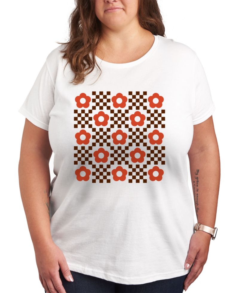 Plus Size Trendy Checkered Flower Graphic Crew Neck T-Shirt