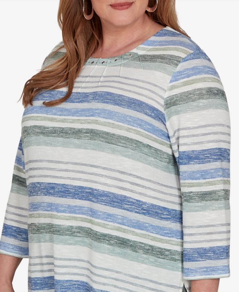 Plus Size Provence Striped Crewneck 3/4-Sleeve T-Shirt