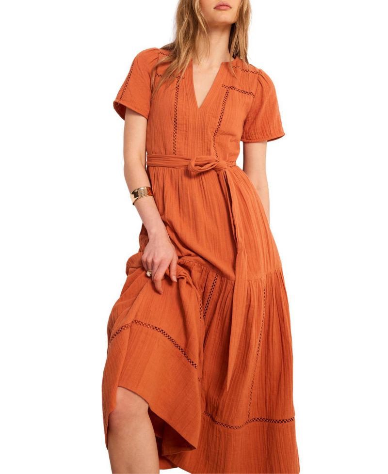 Women's V-Neck Short-Sleeve Cotton Cheesecloth Maxi Dress