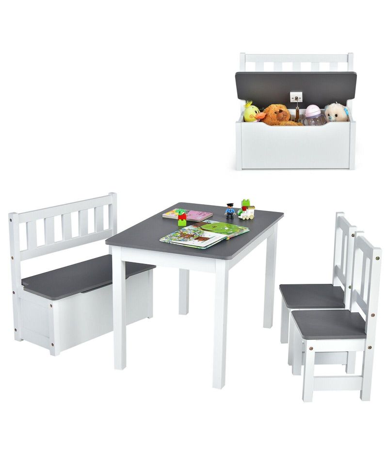 4 Pieces Kids Wooden Activity Table and Chairs Set with Storage Bench and Study Desk