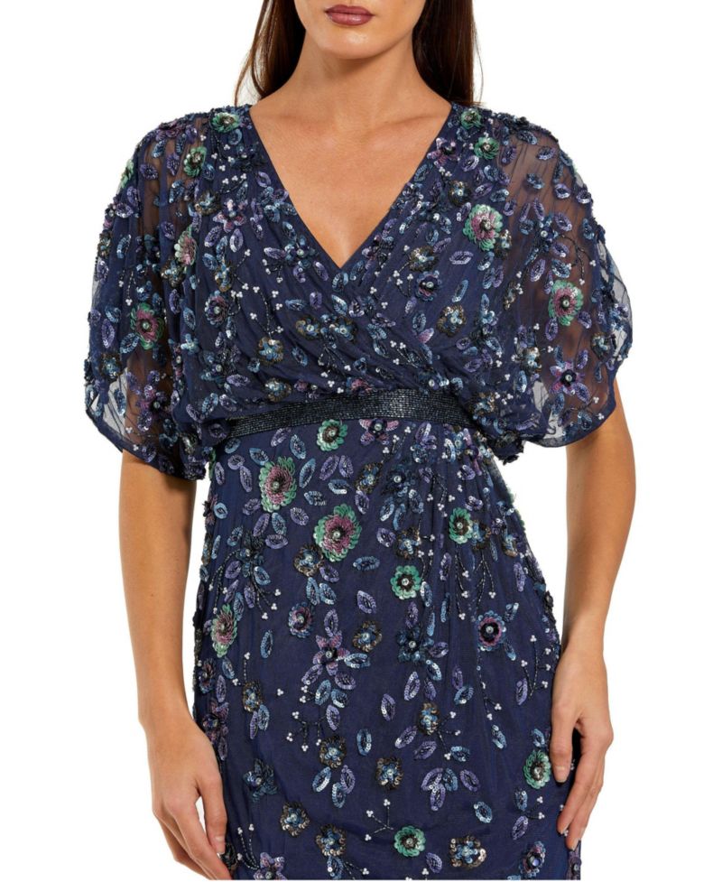 Women's Floral Embellished Short Sleeve Blouson Gown