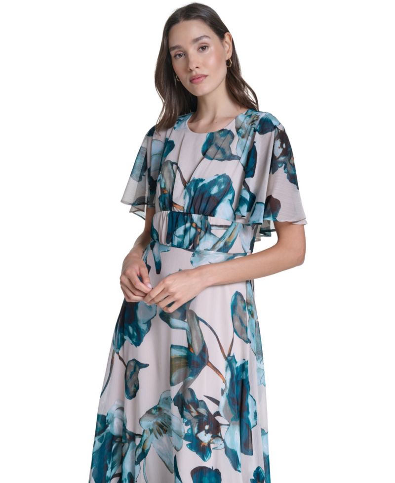 Women's Floral Flutter-Sleeve A-Line Dress