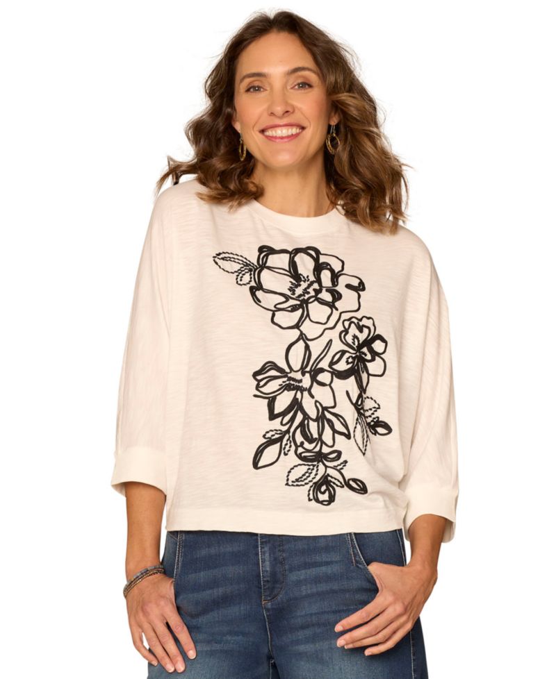 Petite Scoop Neck Embroidered Knit Top