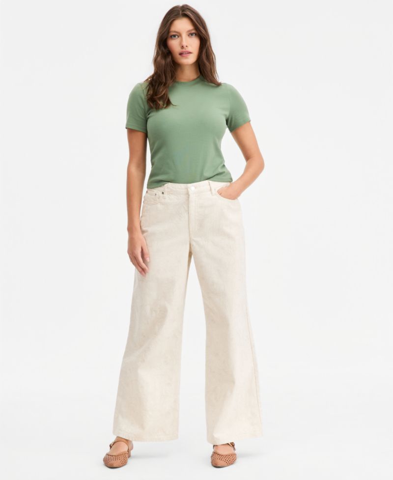 Women's High-Rise Floral Stitch Wide-Leg Jeans