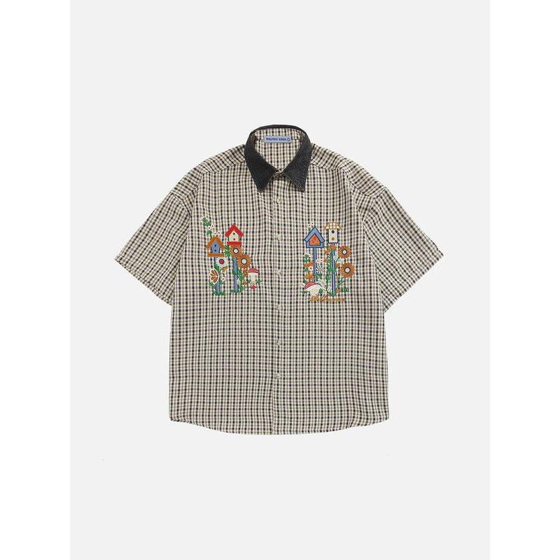 Women's Short-Sleeve Plaid Embroidered Button-Down Shirt