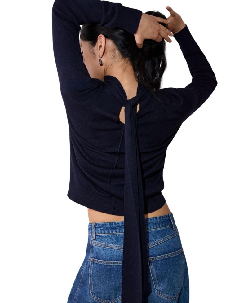 Women's Tie-Neck Long-Sleeve Fitted Knit Jumper