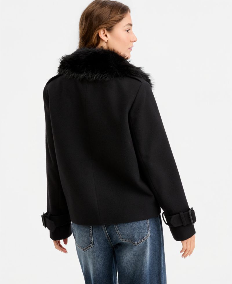 Marilyn & Me Juniors' Faux-Fur-Collar Double-Breasted Jacket