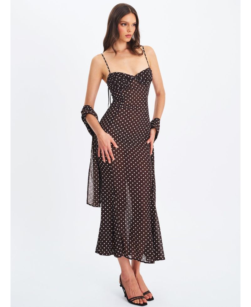 Women's Yadira Brown Base Polka Dot Chiffon Maxi Dress