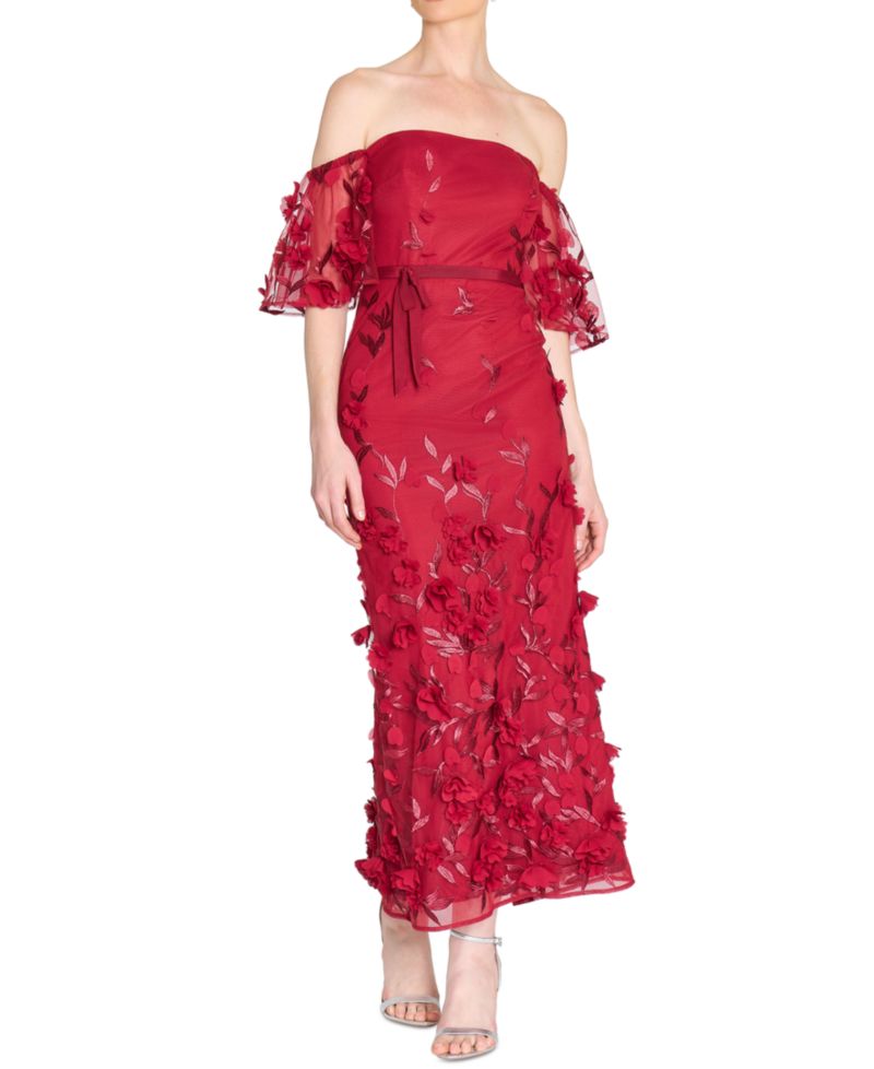 Women's 3D Floral Off-the-Shoulder Midi Dress