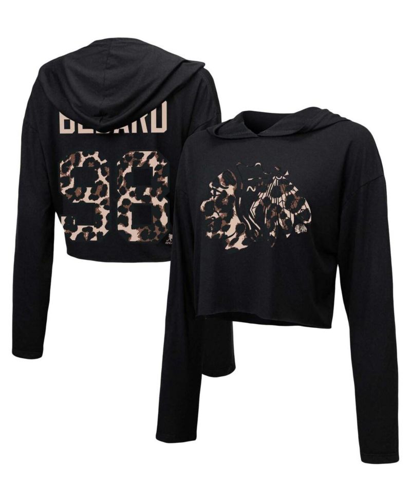 Women's Threads Connor Bedard Black Chicago Blackhawks Leopard Print Name and Number Cropped Pullover Hoodie