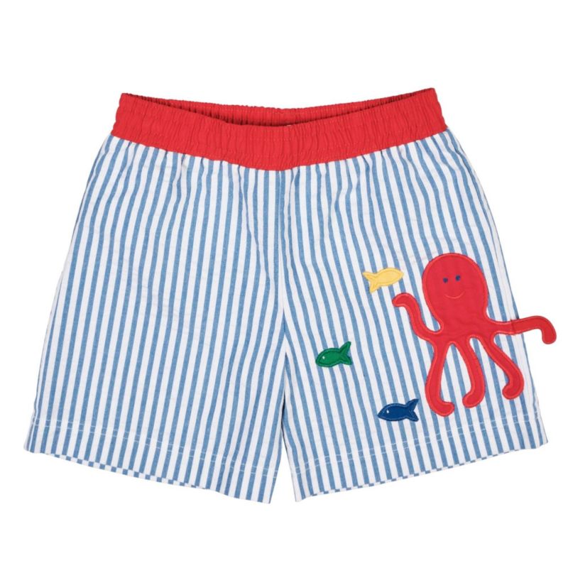 Little Boys Seersucker Swim Trunk With Octopus