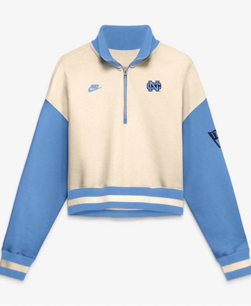 Women's Natural/Carolina Blue North Carolina Tar Heels Oversized Legacy Color Block Cropped Quarter-Zip Pullover Sweatshirt