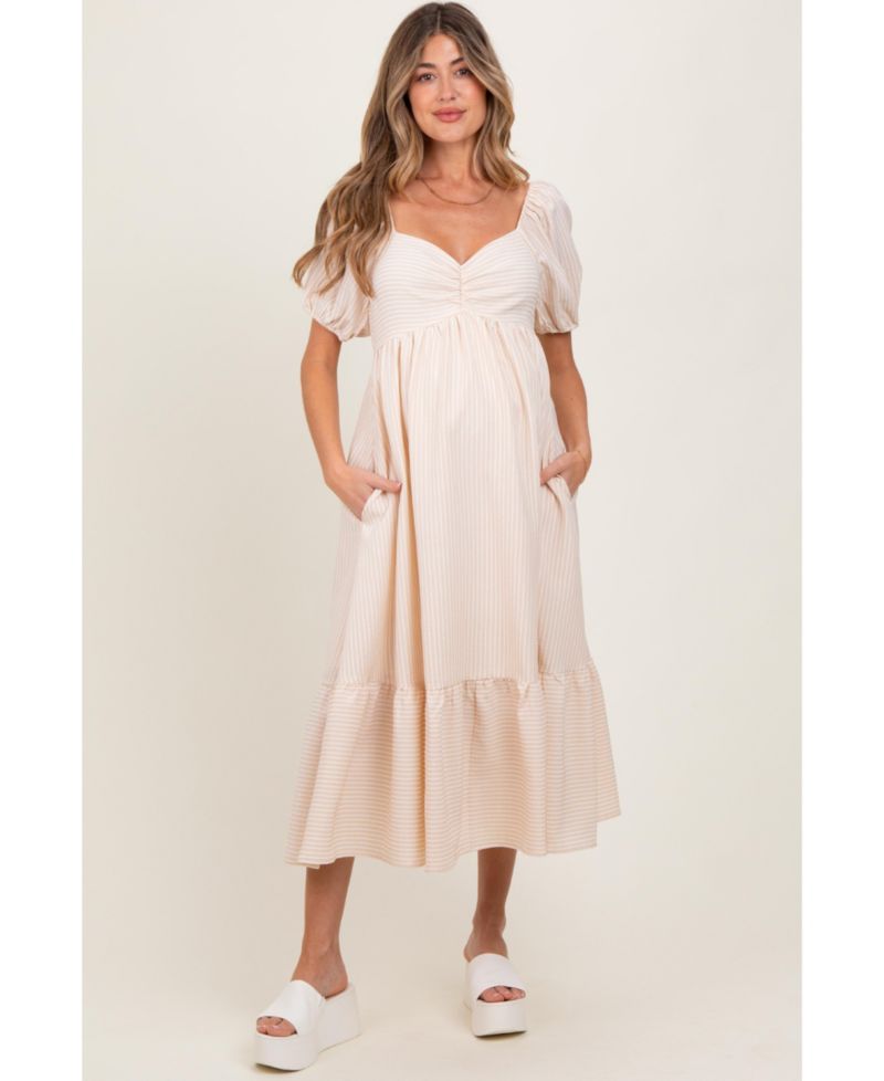 Women's Beige Sweetheart Stripe Smocked Back Midi Dress