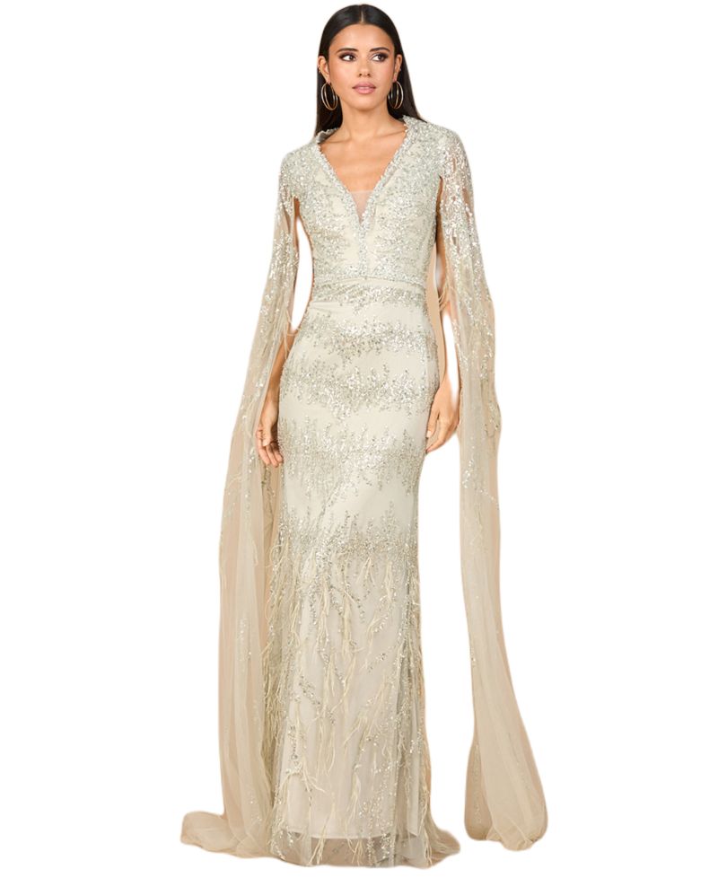 Women's V - Neck Gown with Long Cape Sleeves and Feathers