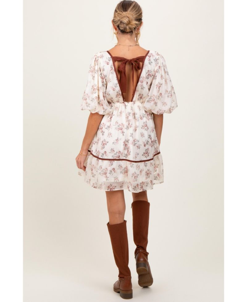 Women's Cream Floral Deep V-Neck Back Cutout Dress