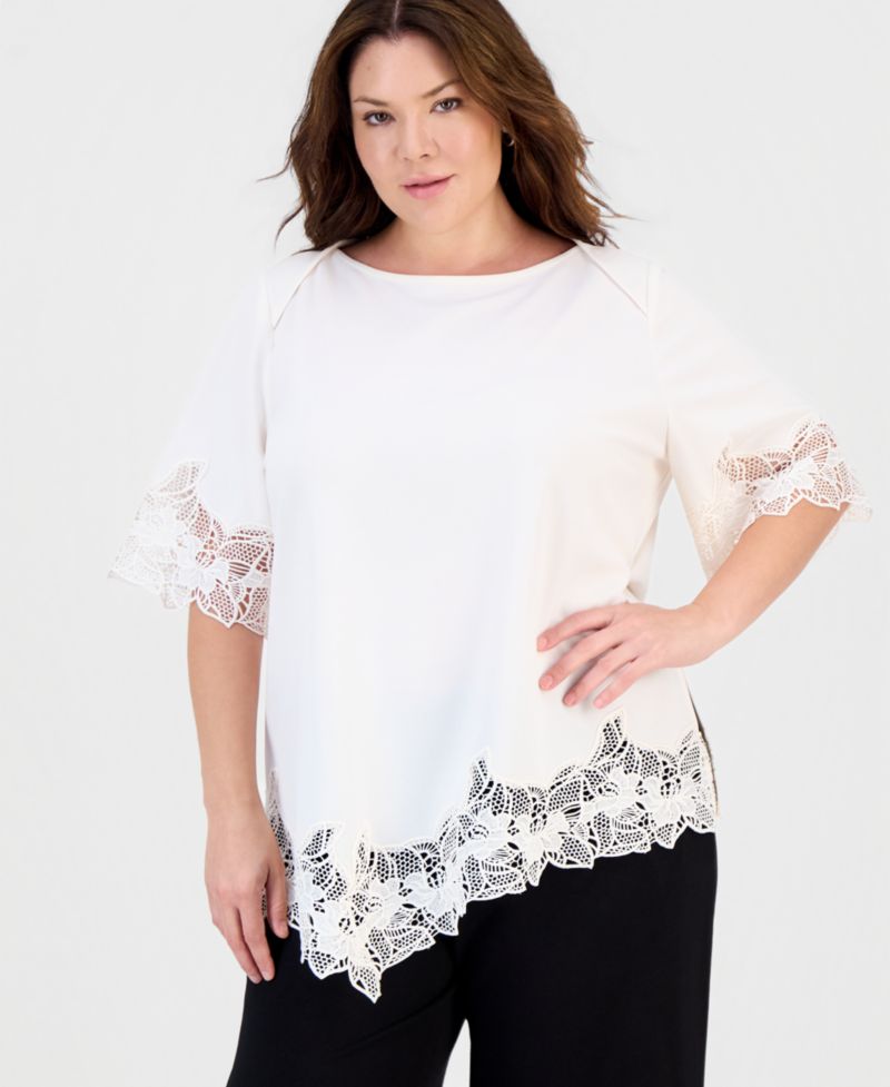 Plus Size Lace-Trim Asymmetrical-Hem Blouse