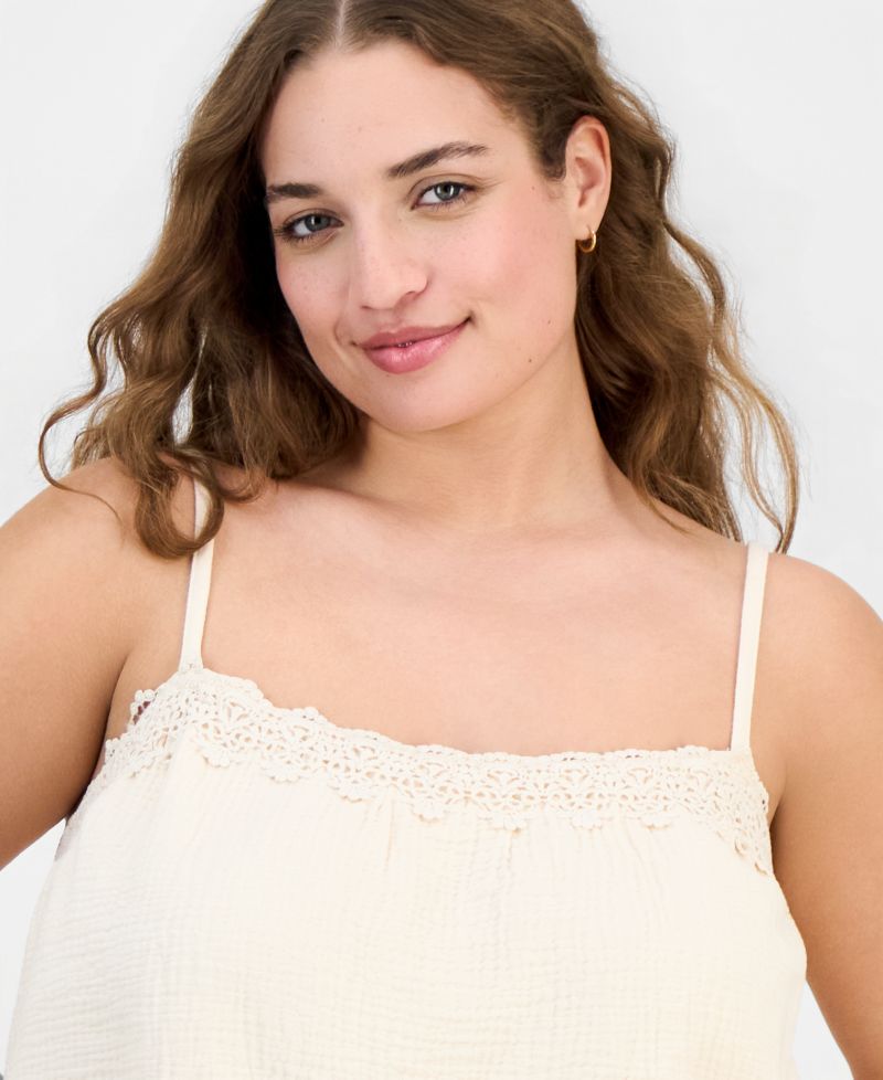 Plus Cotton Crochet-Trim Bubble-Hem Top