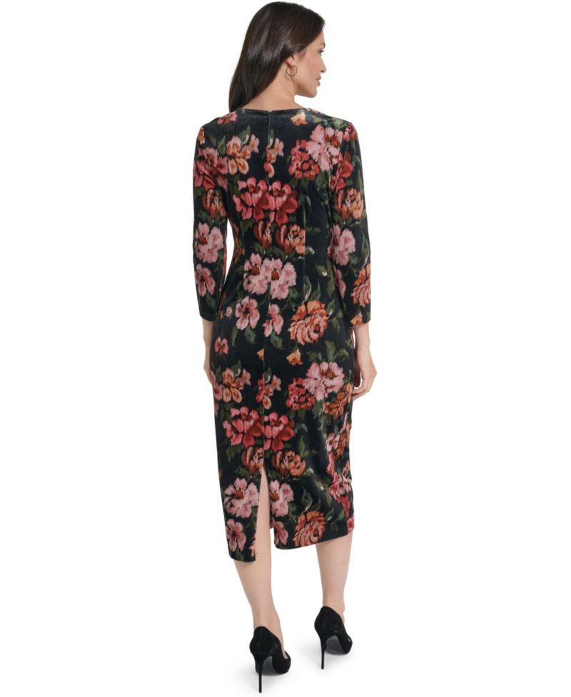 Petite Floral-Print Velvet Midi Dress