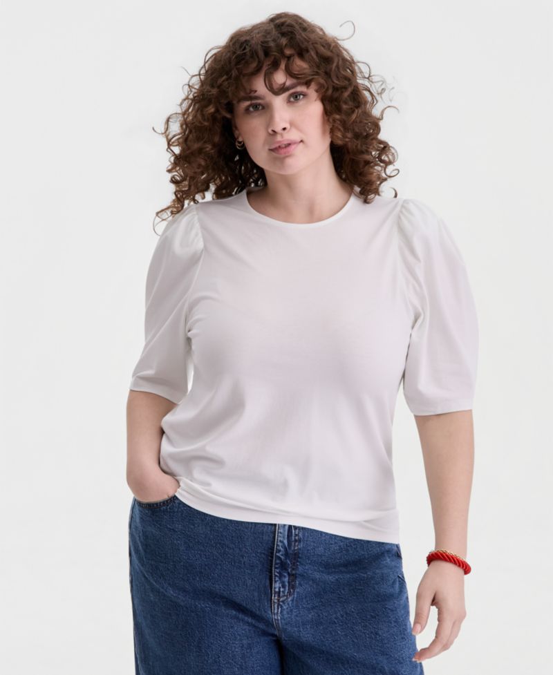 Trendy Plus Printed Ruched Puff-Sleeve Crewneck Top