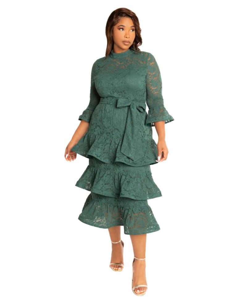 Plus Size Lace Bell Sleeve Tiered Dress