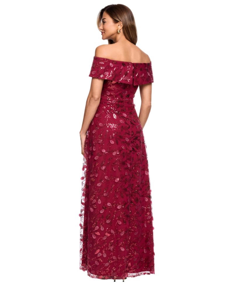 Petite 3D Embellished Mesh Off-The-Shoulder Ball Gown