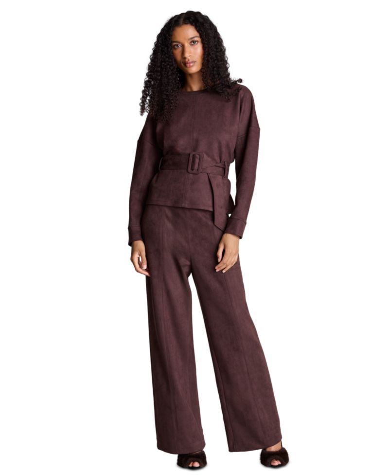 Women's Faux Suede High Rise Pull on Hollywood Waist Wide Leg Pant