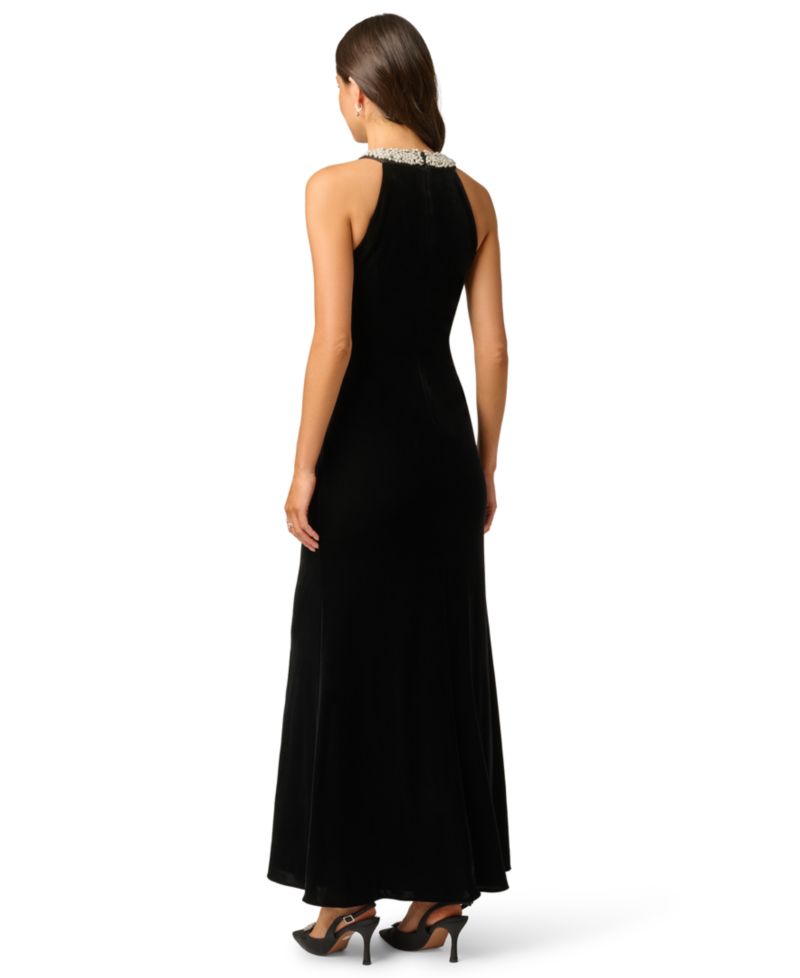 Women's Imitation Pearl Collar Velvet Halter Gown