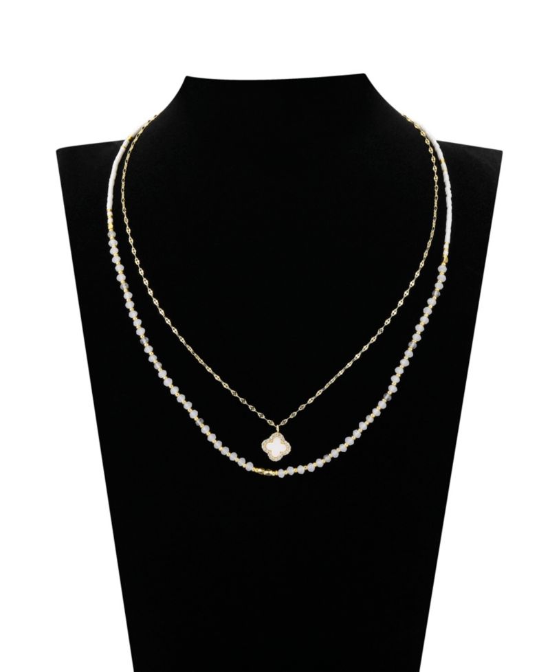 Labradorite Stone Mother of Pearl and Cubic Zirconia Clover Layered Necklace Set