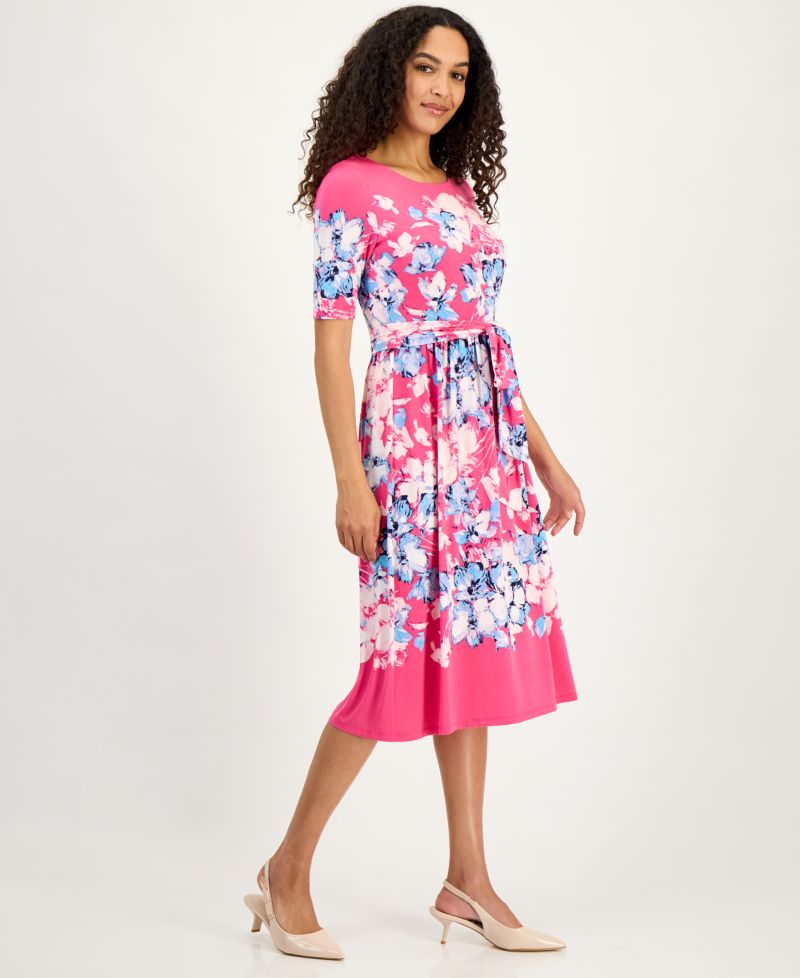 Women's Printed Tie-Waist Midi Dress, Regular & Petite