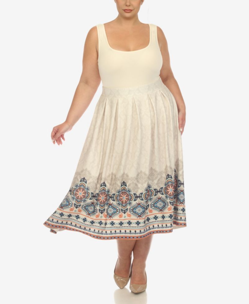 Plus Size Pleated Skirt with Border Print