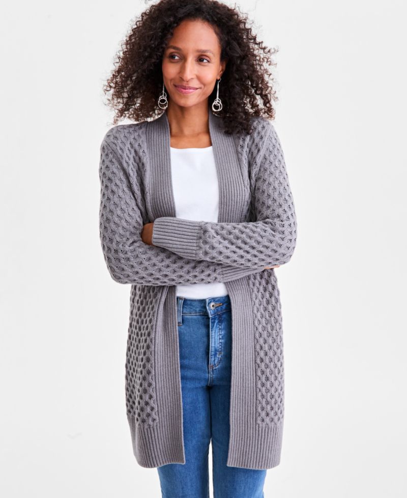 Petite Honeycomb-Knit Open-Front Long Cardigan
