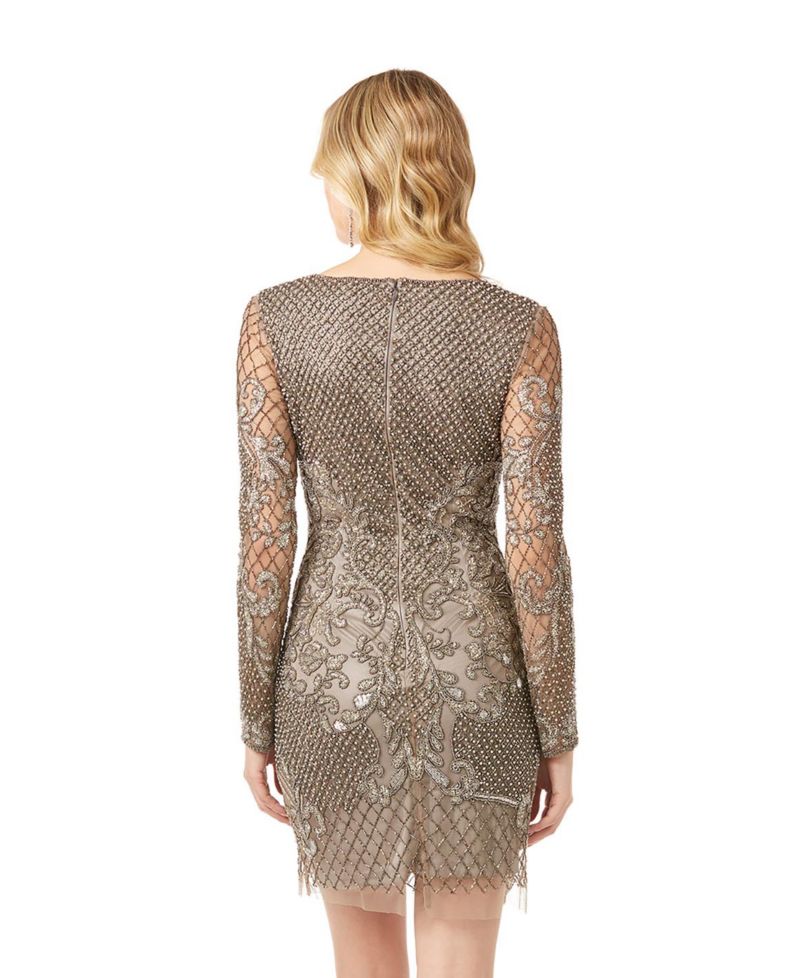 Women's - Long Sleeve Beaded Cocktail Dress