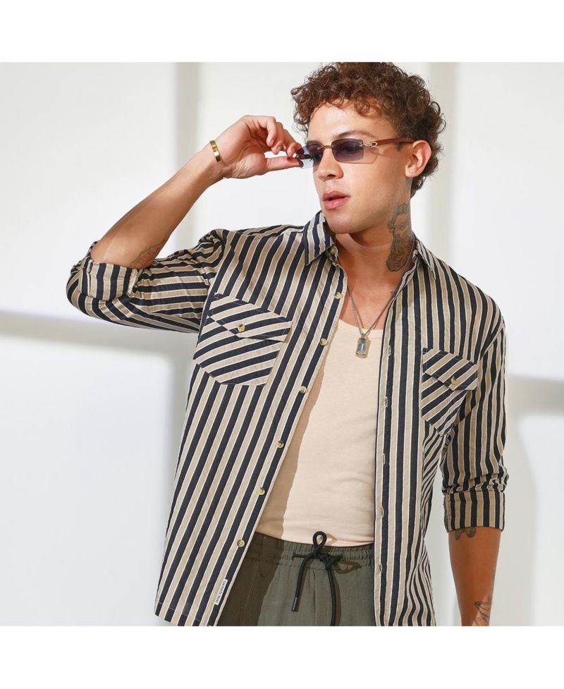 Men's Navy Blue & Khaki Beige Candy Striped Oversized Shirt