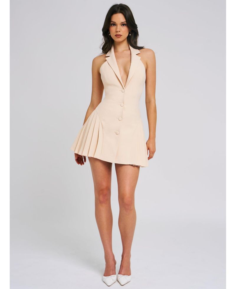Women's Reyna Beige Backless Pleated Mini Blazer Dress