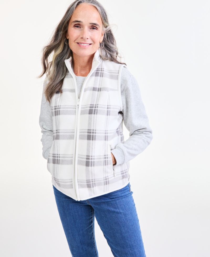 Petite Fleece Plaid Mock Neck Zip-Front Vest